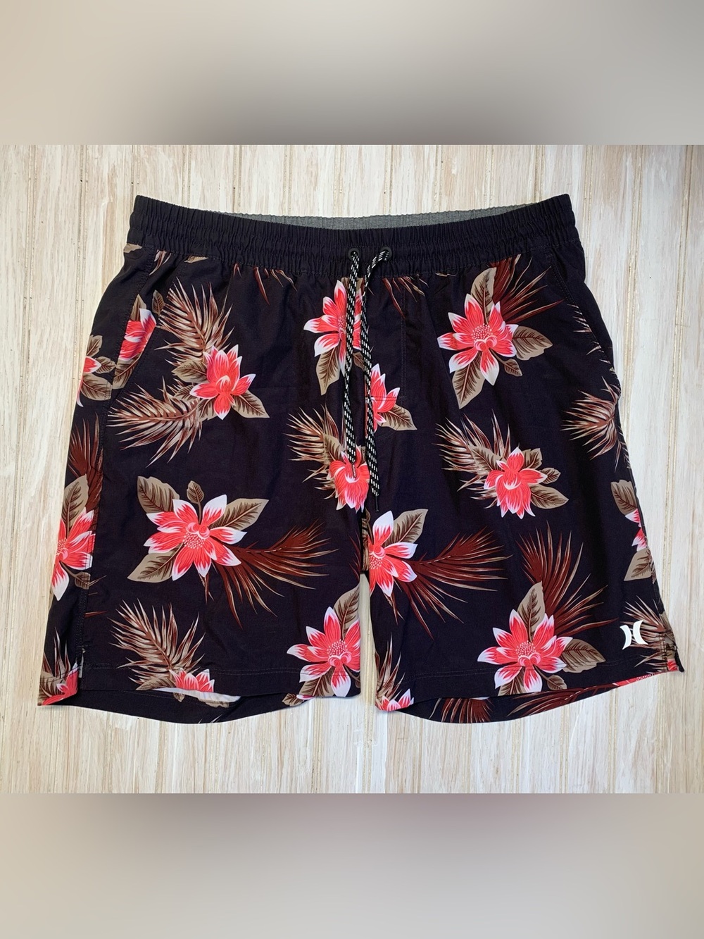Hurley Black Swim Shorts with Red Floral Print